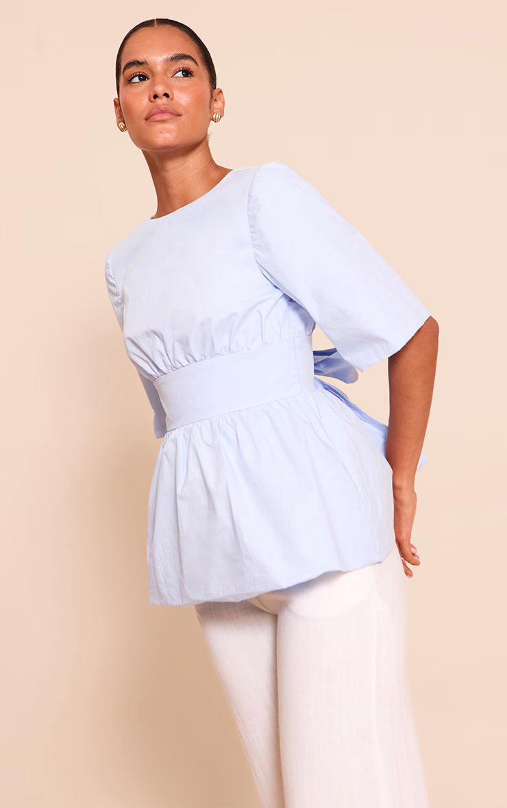 Sky Blue Cotton Short Sleeve Tie Back Blouse