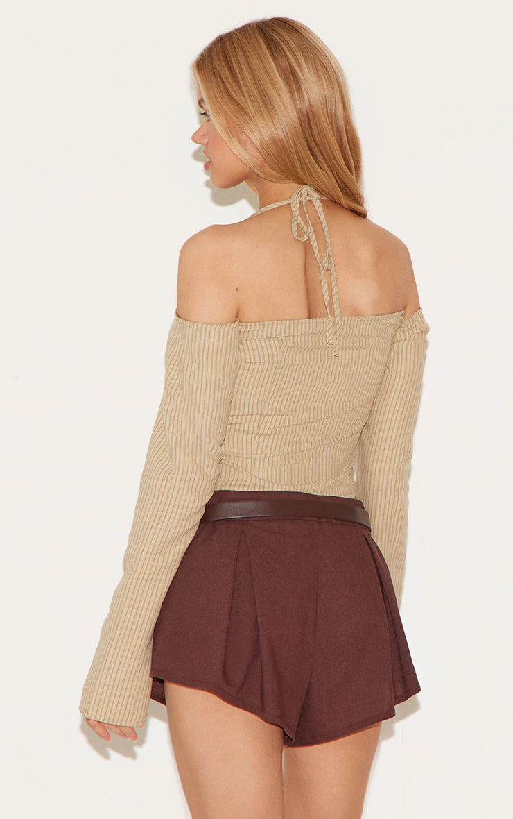 Cream Striped Bardot Peach Skin Flared Shirt
