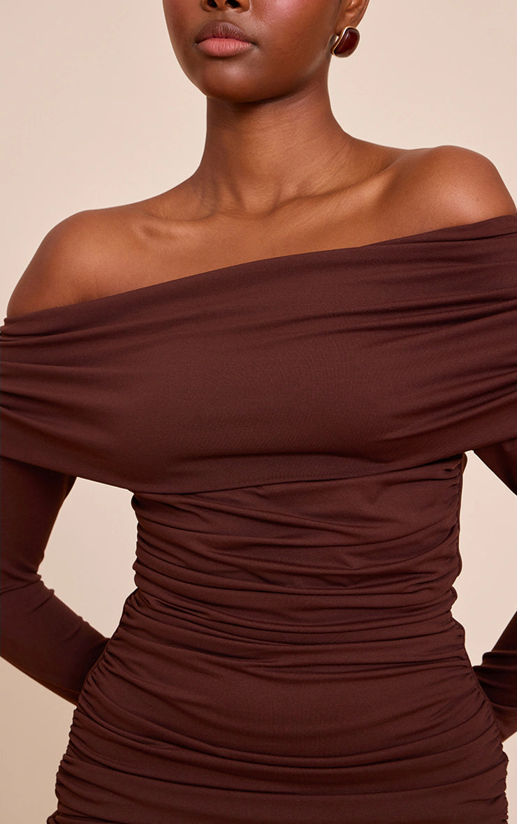 Chocolate Soft Touch Fold Over Ruched Mini Dress
