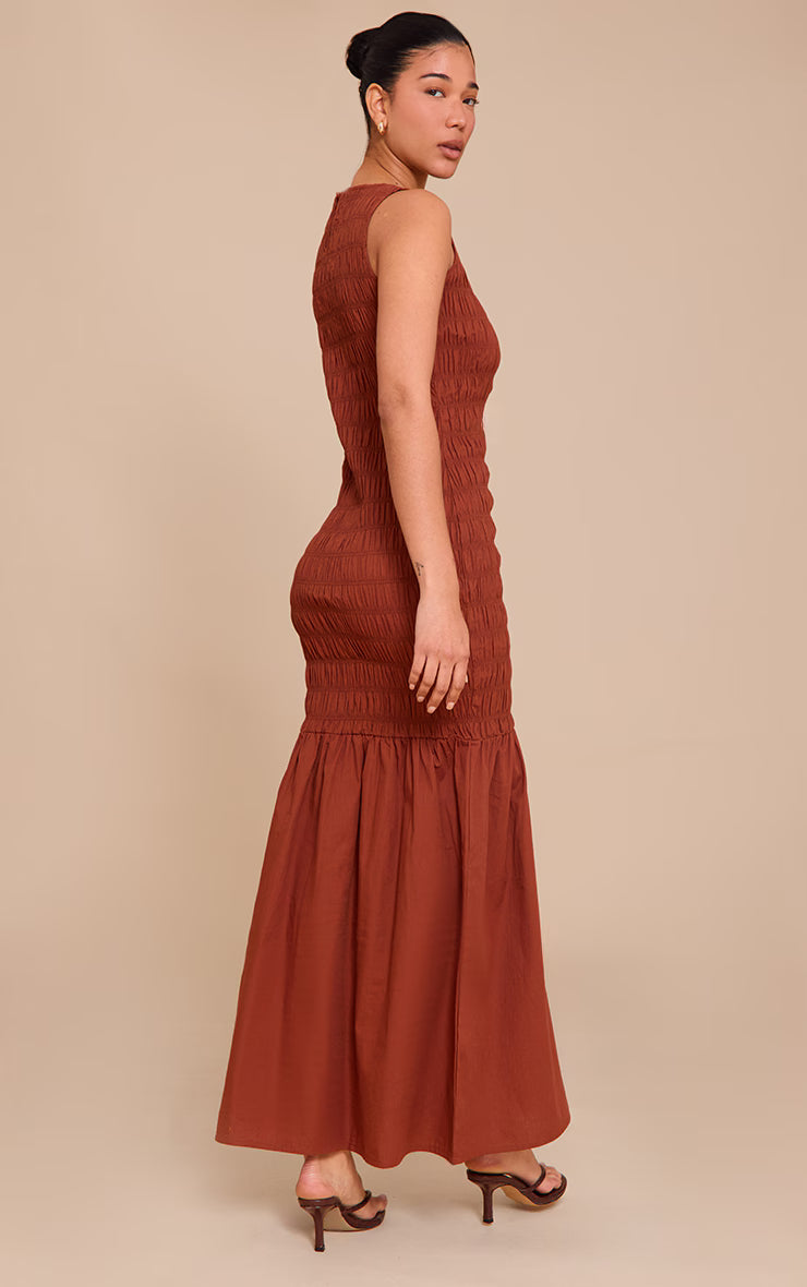 Chestnut Shirred Detail Drop Waist Maxi Dress
