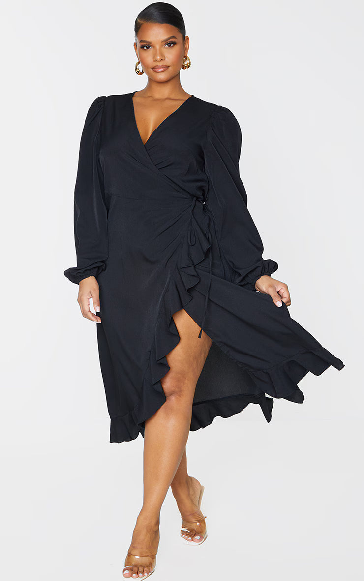 Plus Black Ruffle Wrap Front Midi Dress
