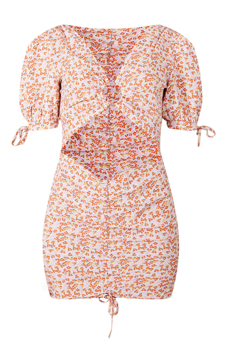 Orange Floral Print Chiffon Ring Detail Cut Out Bodycon Dress