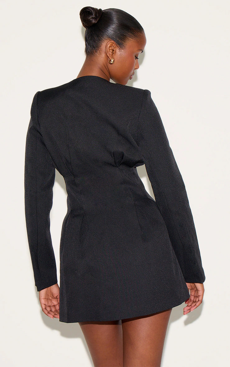 Black Woven Pleated Shift Blazer Dress