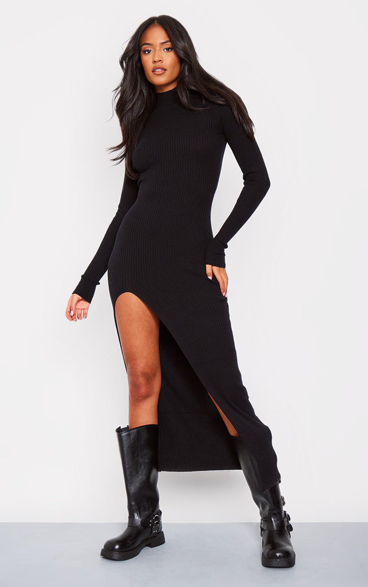 Tall Black Knitted Ribbed Side Split Maxi Dress