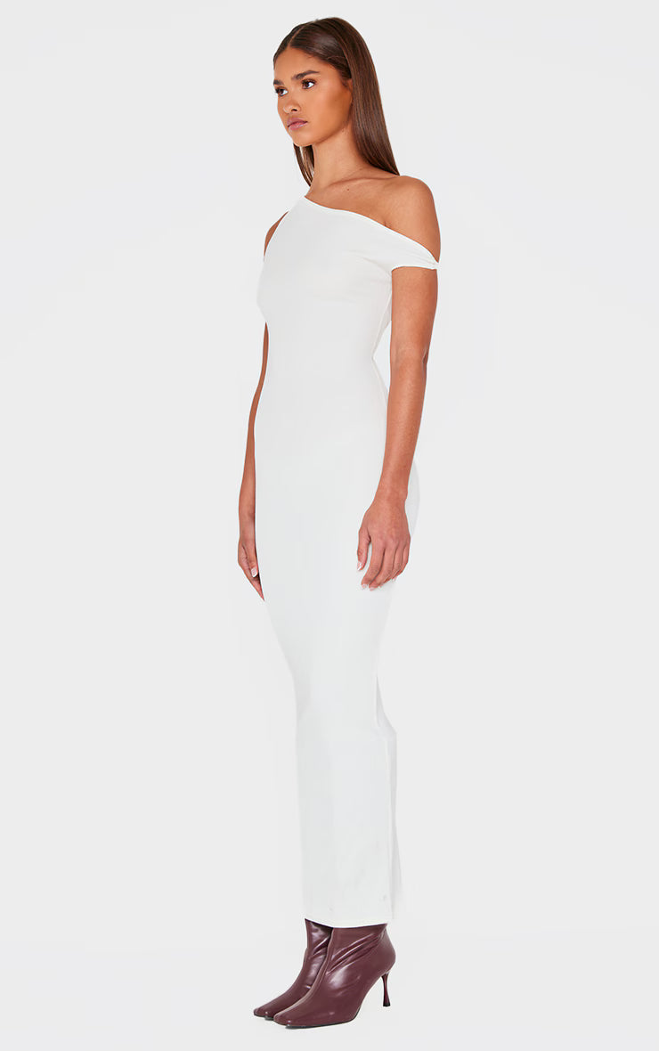Cream Ribbed Asymmetric Sleeveless Maxi Dress