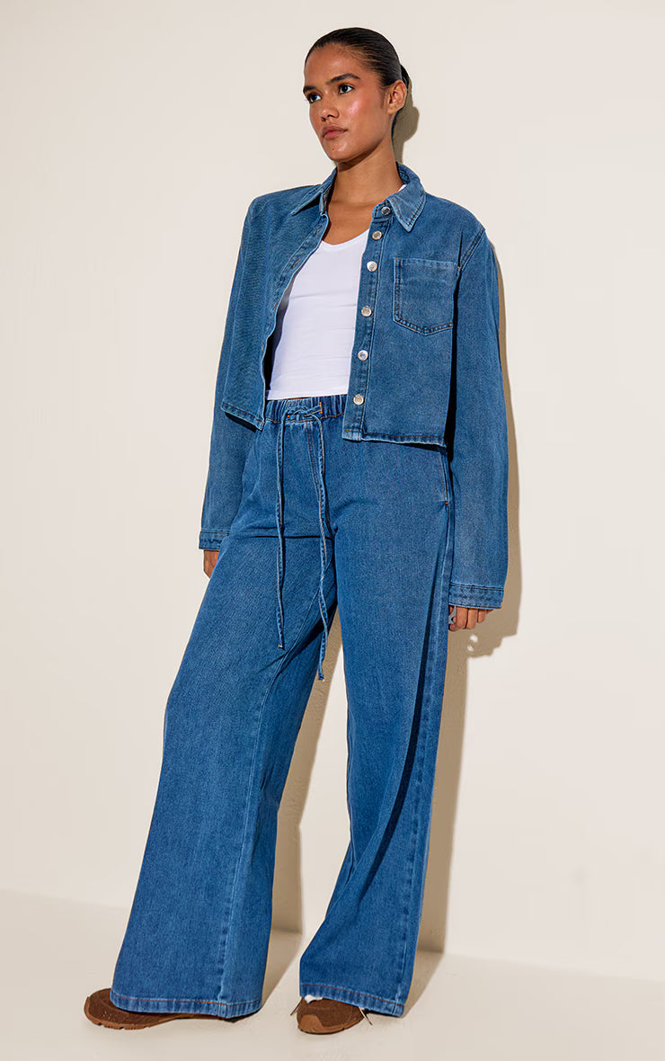 Mid Blue Relaxed Tie Waistband Wide Leg Jeans