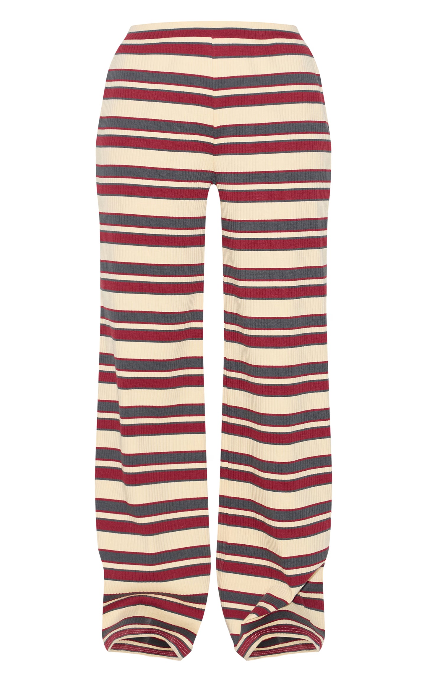 Burgundy Striped Mid Rise Ribbed Straight Leg Pants