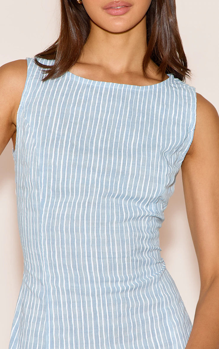 Blue Striped Boat Neck Dress