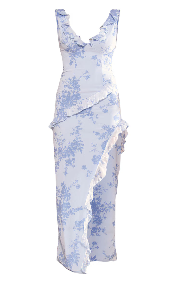 Blue Floral Asymmetric Frill Split Maxi Dress