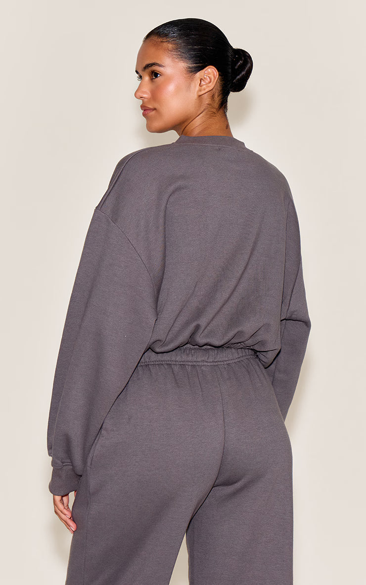 Charcoal Drawcord Waist Crop Zip Up Sweatshirt