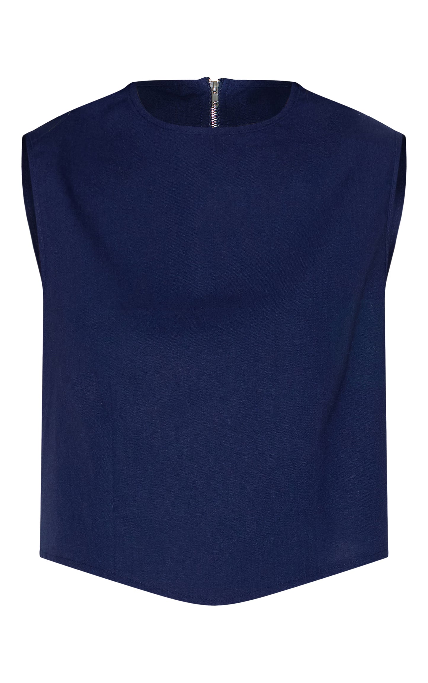 Navy Linen Look Boxy Pointed Hem Top