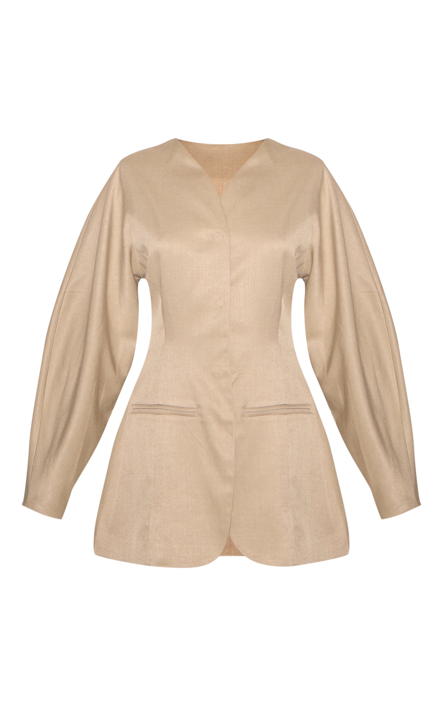 Clay Woven Balloon Sleeve Collarless Blazer Dress