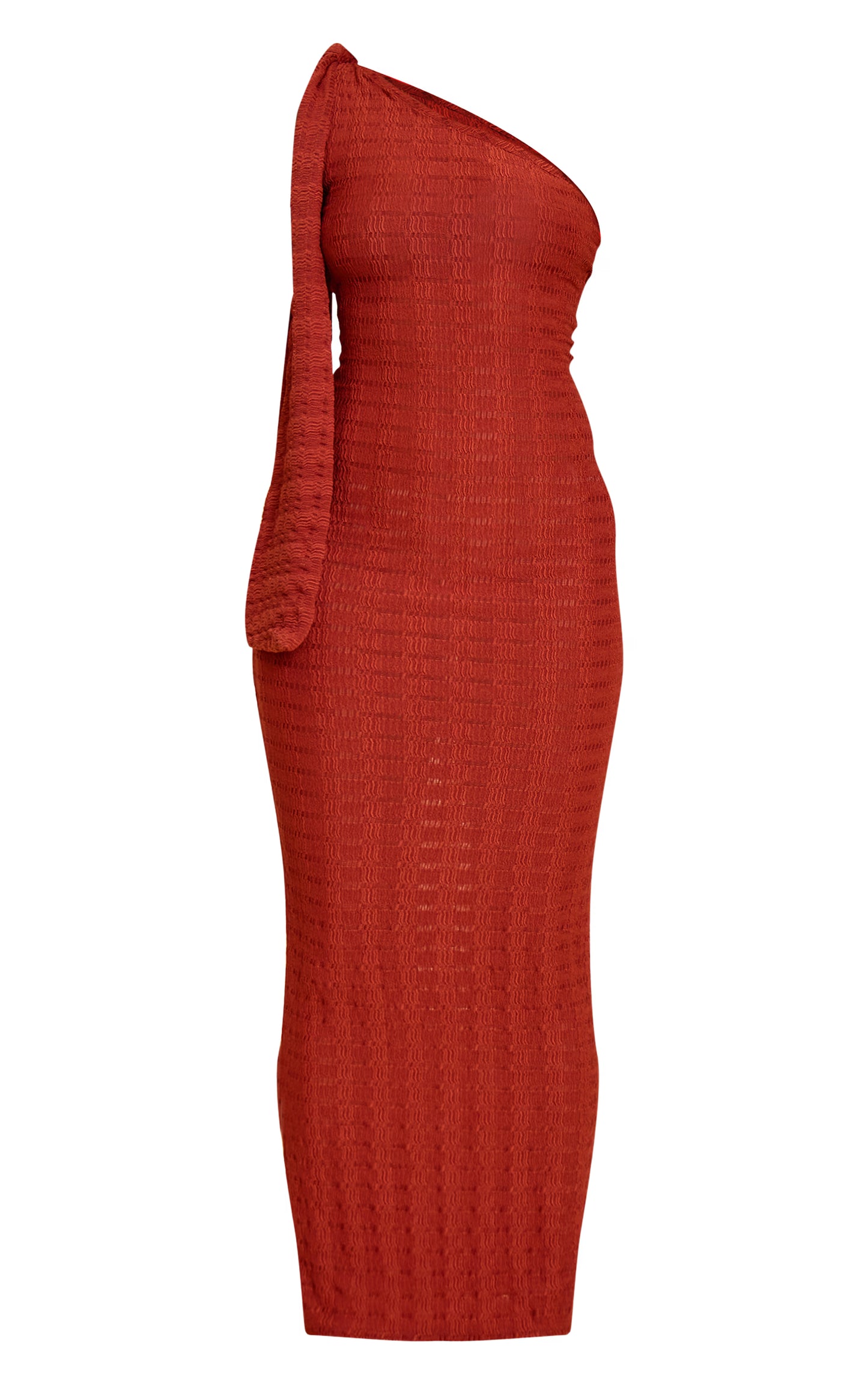 Rust Textured One Shoulder Drape Detail Maxi Dress