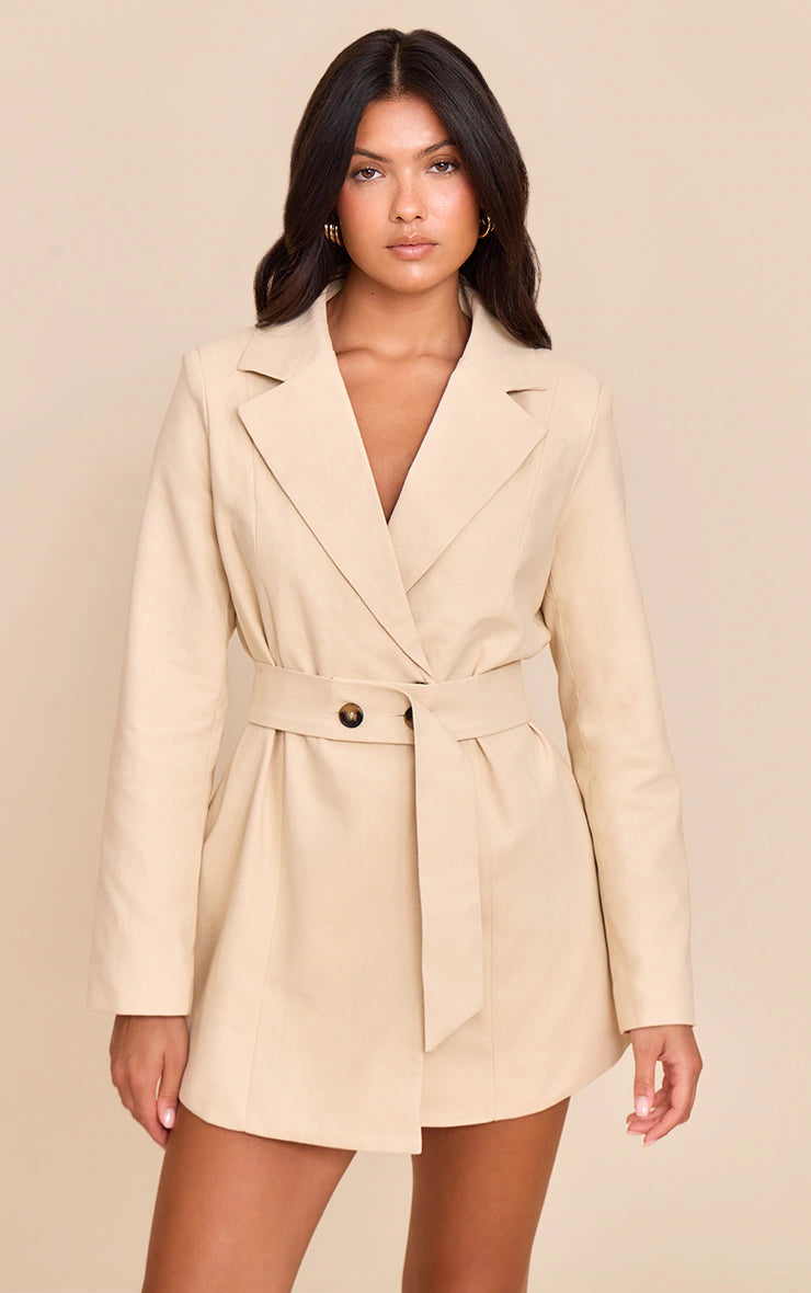 Natural Structured Belted Blazer Dress