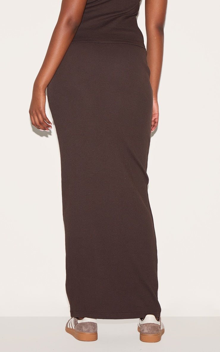 Chocolate Ribbed Maxi Mid Rise Skirt