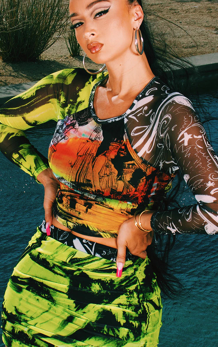Multi Abstract Print Ruched Mesh Mini Skirt