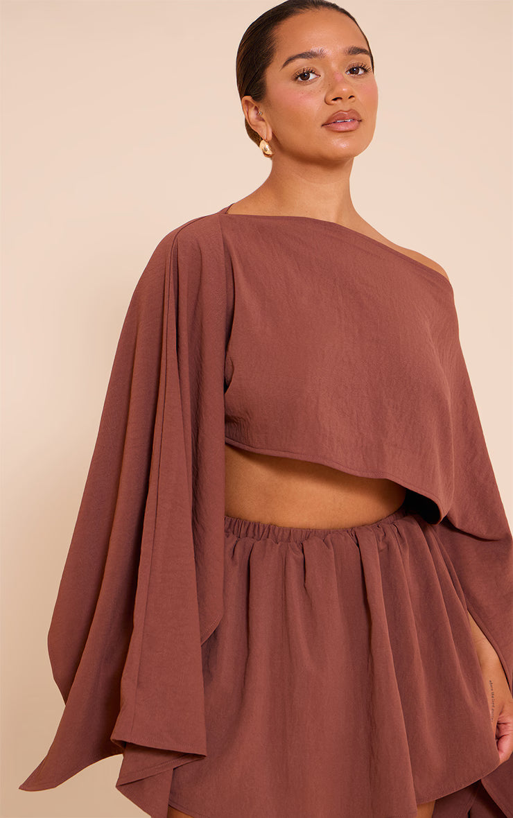 Shape Chocolate Hammered Satin Boat Neck Cape Top