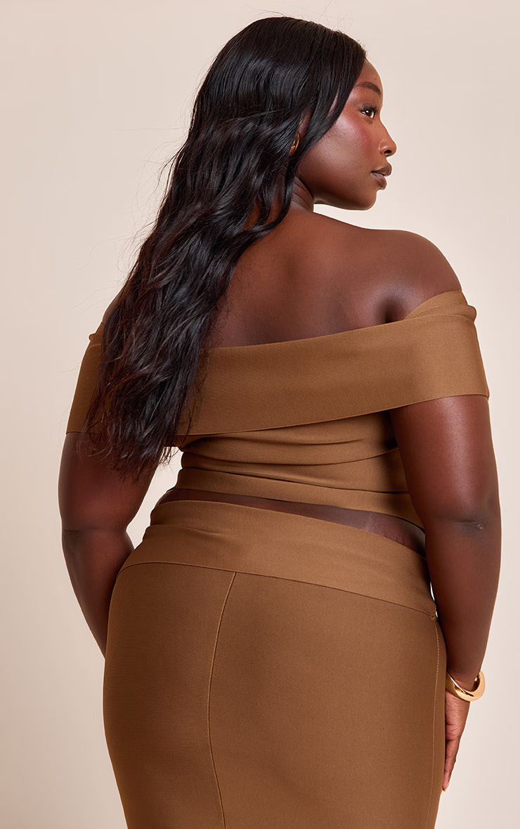 Plus Deep Chocolate Tailored Bandage Knit Asymmetric Fold Over Top