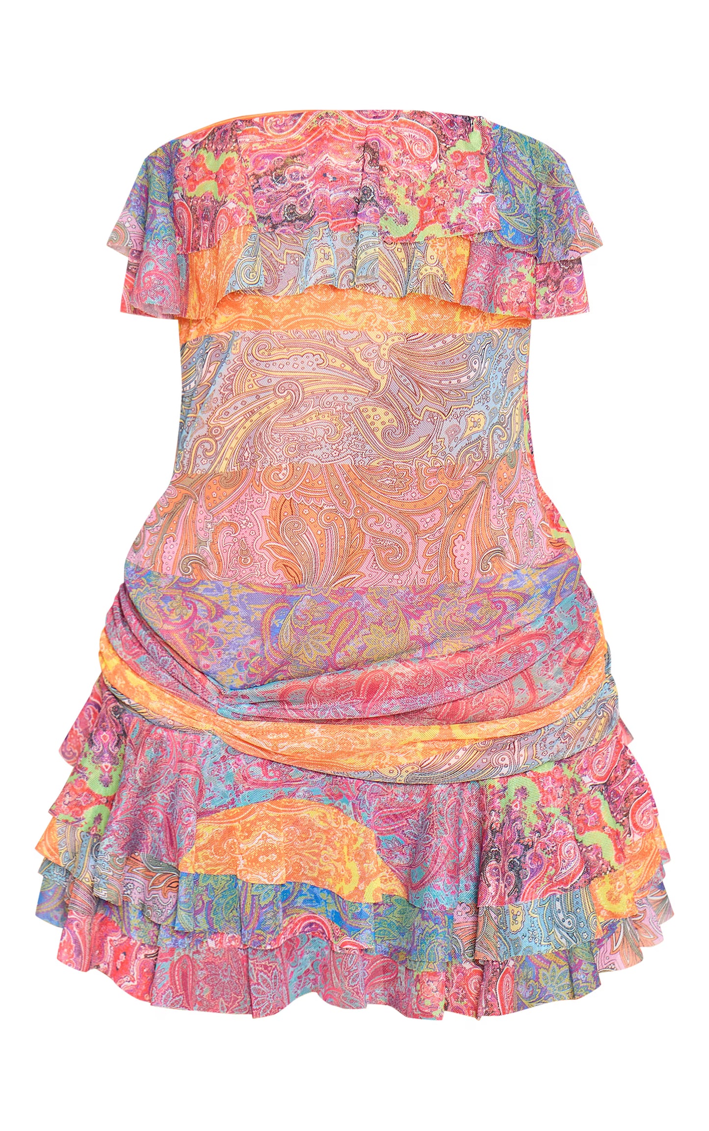 Multi Patchwork Printed Bandeau Frill Hem Mini Dress