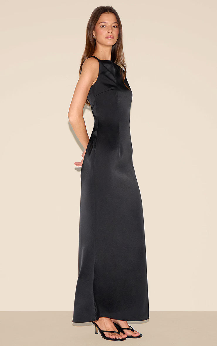 Black Bridesmaid Satin Boat Neck Maxi Dress