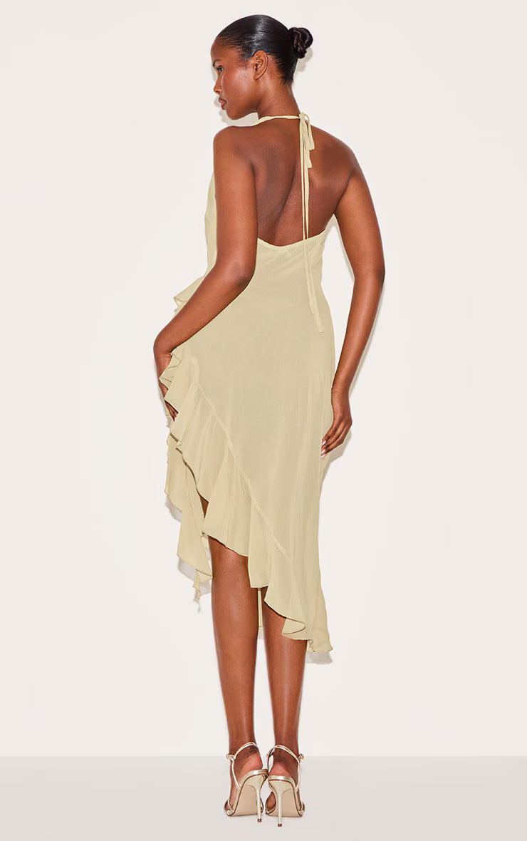 Mustard Cowl Ruffle Split Detail Midi Dress