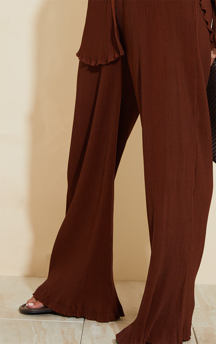 Chocolate Brown Plisse High Waisted Wide Leg Pants