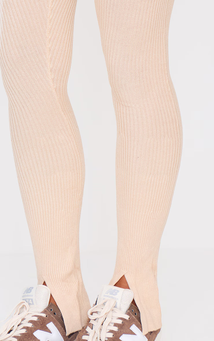 Oatmeal Knitted Split Hem Flare Pants