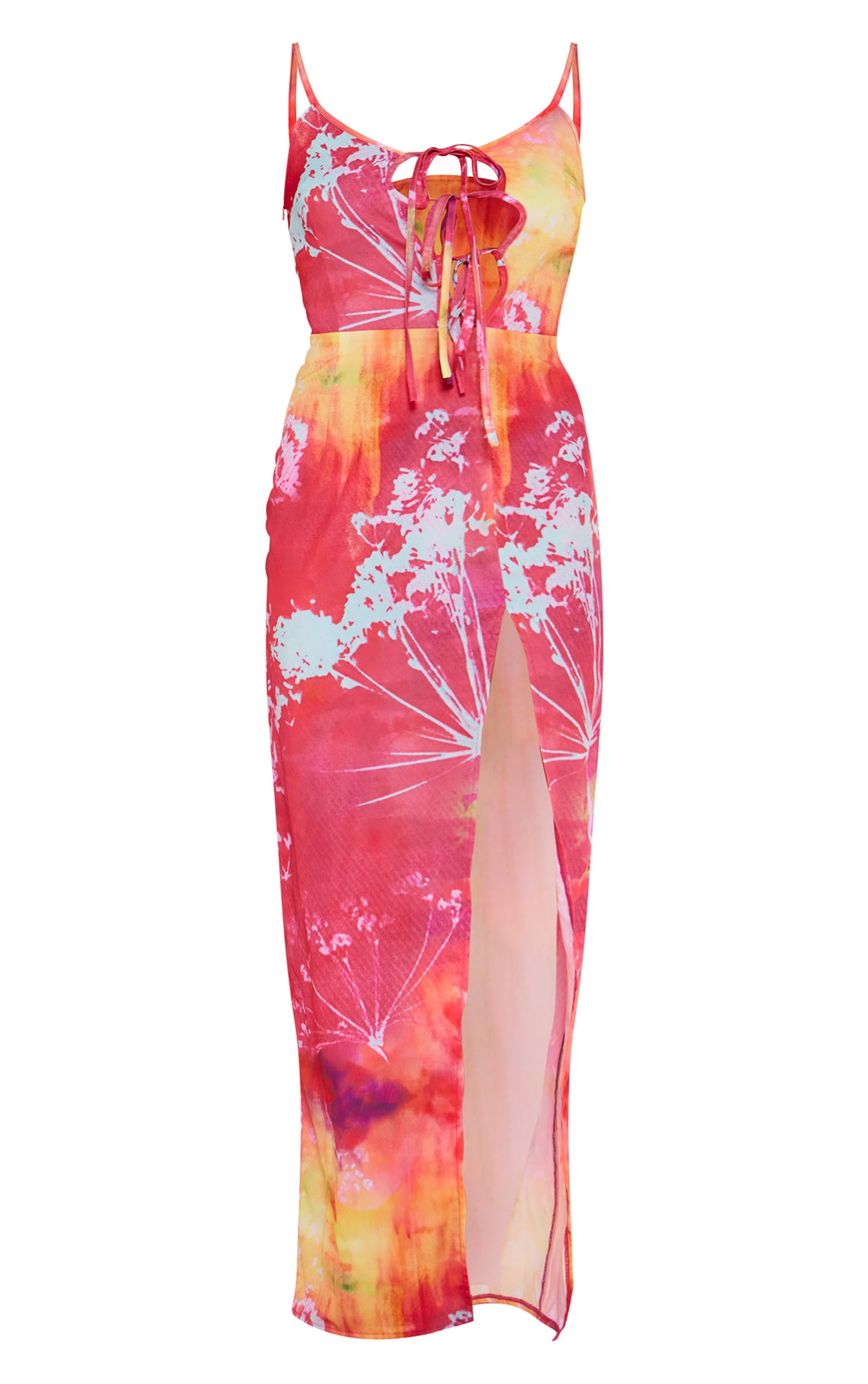 Dark Pink Floral Abstract Print Asymmetric Tie Strappy Midaxi Dress