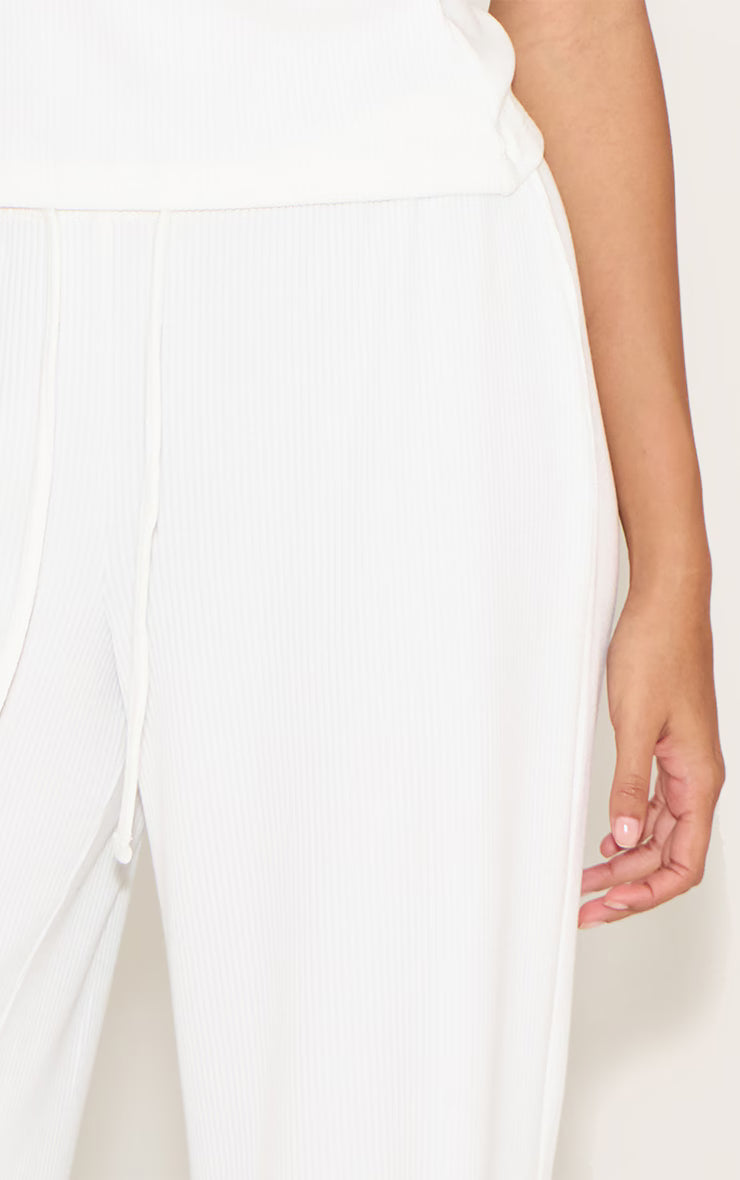 White Textured Drawstring Slouchy Wide Leg Pants