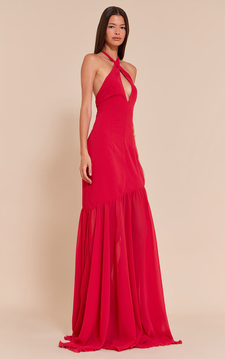 Red Chiffon Halterneck Dropped Waist Maxi Dress