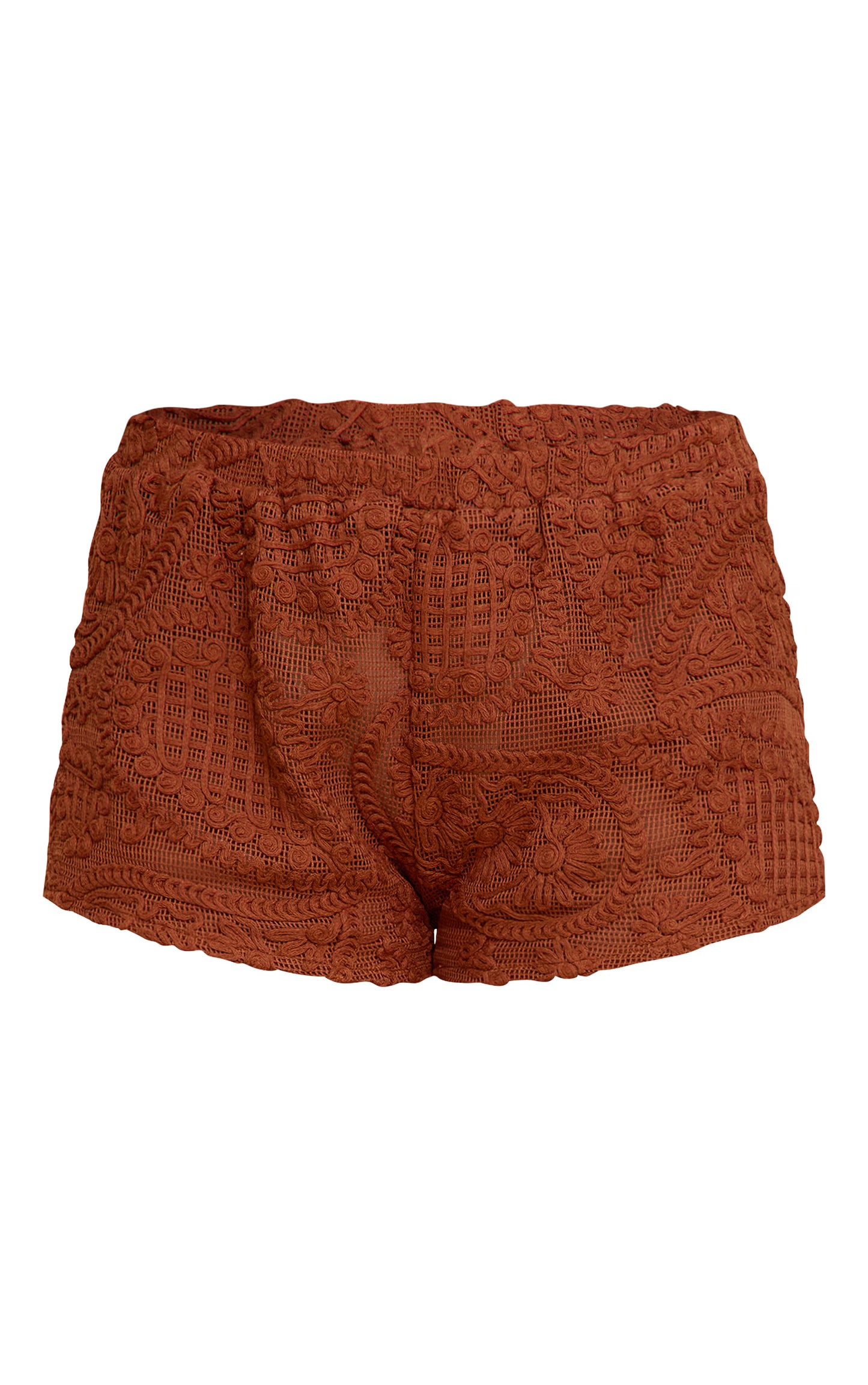 Burnt Orange Textured Embroidered Mid Rise Mini Shorts