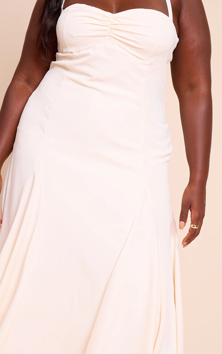 Plus Cream Woven Halterneck Ruched Bust Detail Maxi Dress