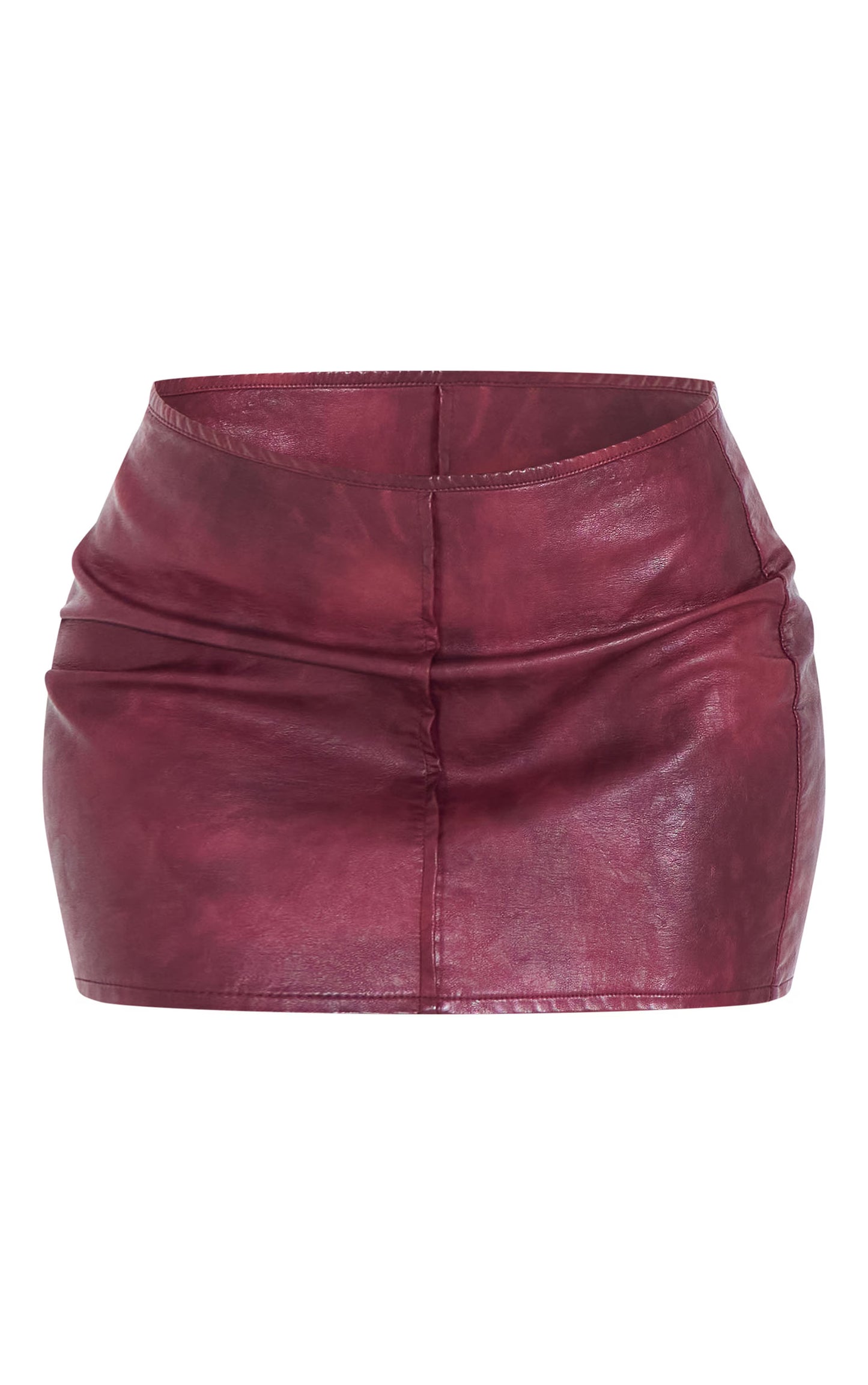 Burgundy Washed Faux Leather Seam Detail Low Rise Micro Mini Skirt