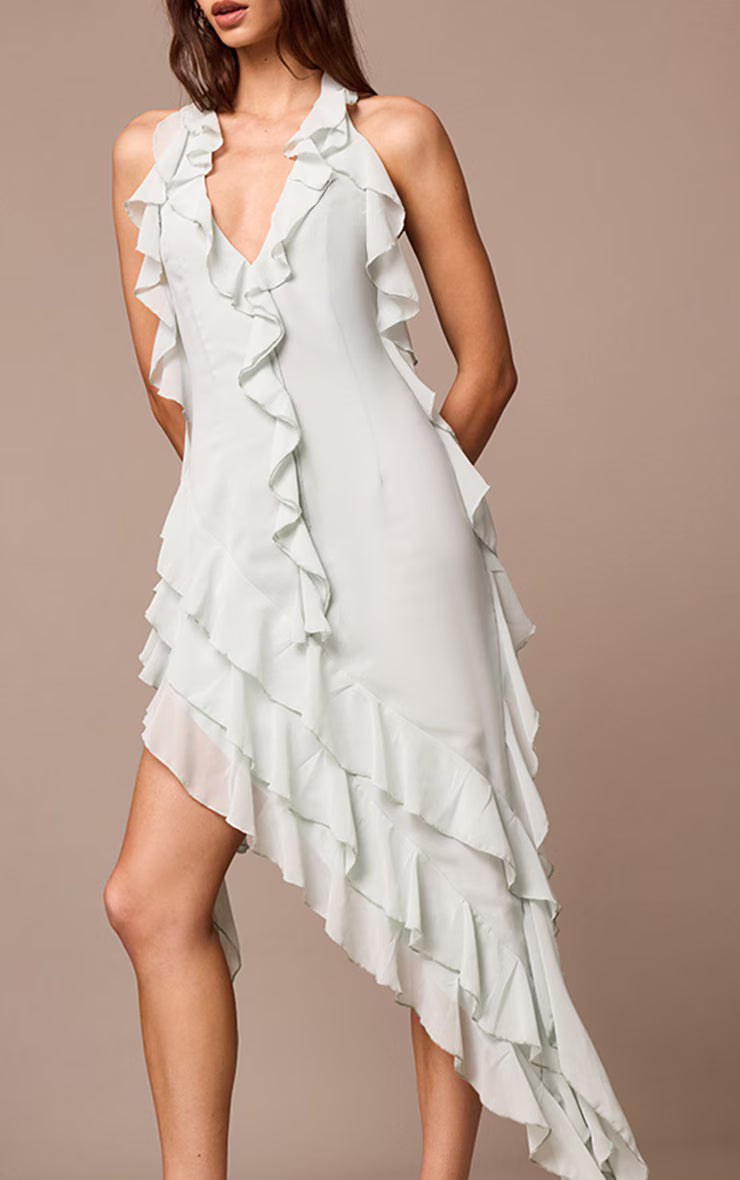 Sage Chiffon Frill Detail Plunge Midaxi Dress