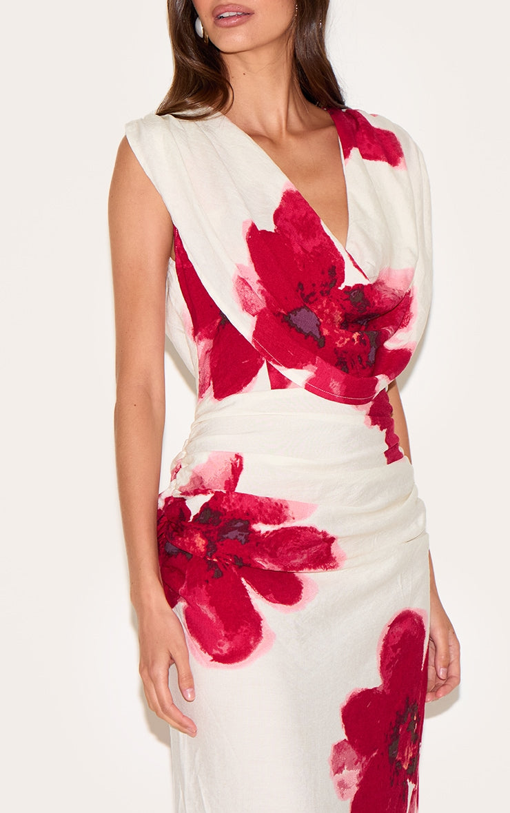 Red Printed Cowl Ruched Detail Maxi Dress