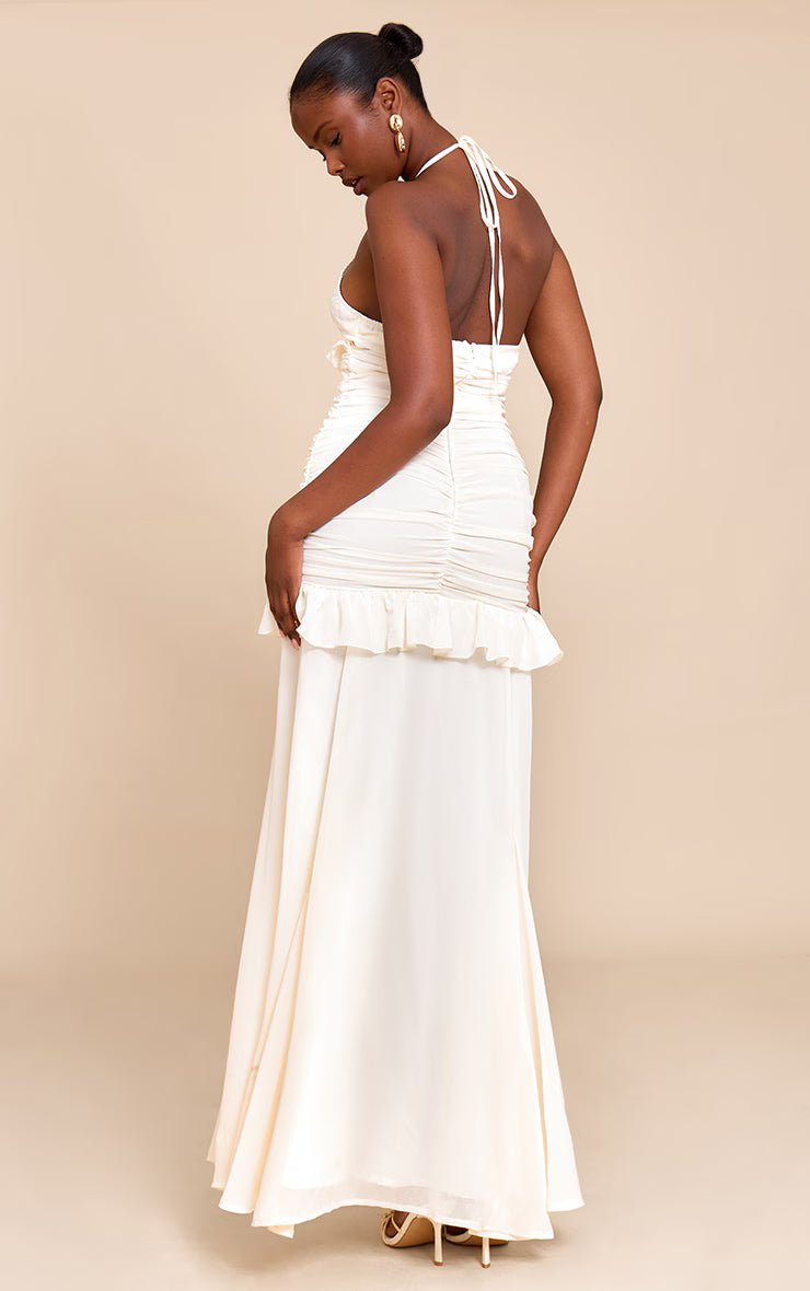 Cream Ruched Frill Halterneck Maxi Dress