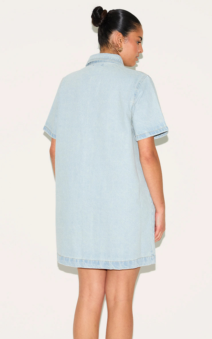 Plus Light Blue Contrast Stitch Denim Shirt Dress