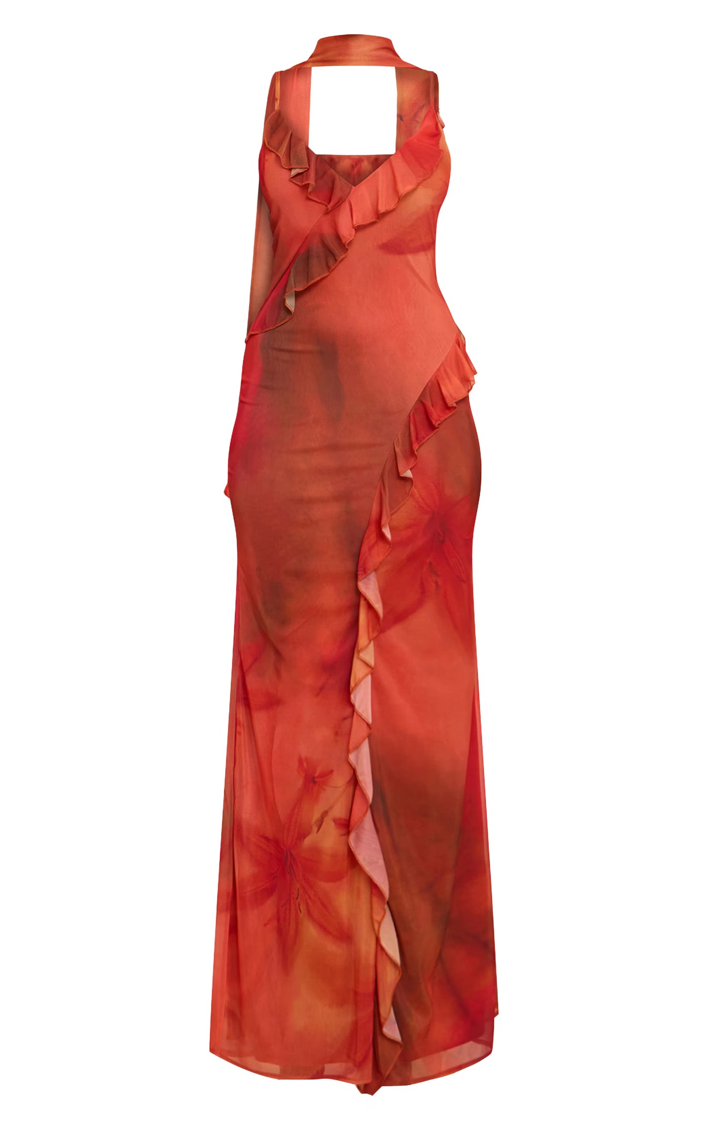 Red Printed Chiffon Frill Details Strappy Maxi Dress