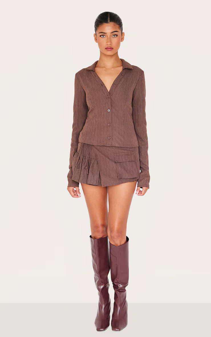 Dark Brown Peach Skin Pinstripe Woven Long Sleeve Cargo Shirt
