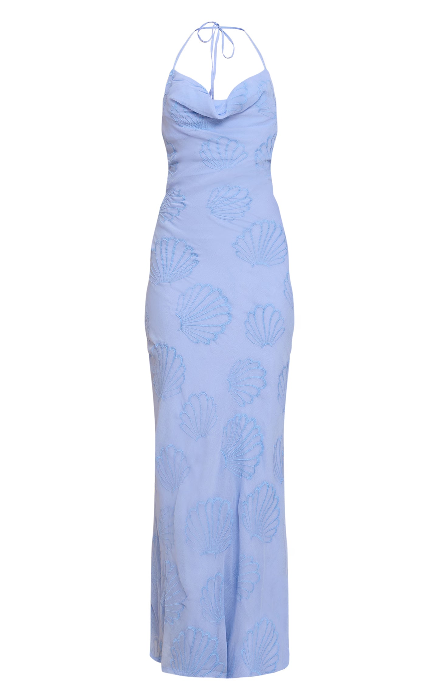 Pale Blue Chiffon Shell Embroidered Cowl Maxi Dress