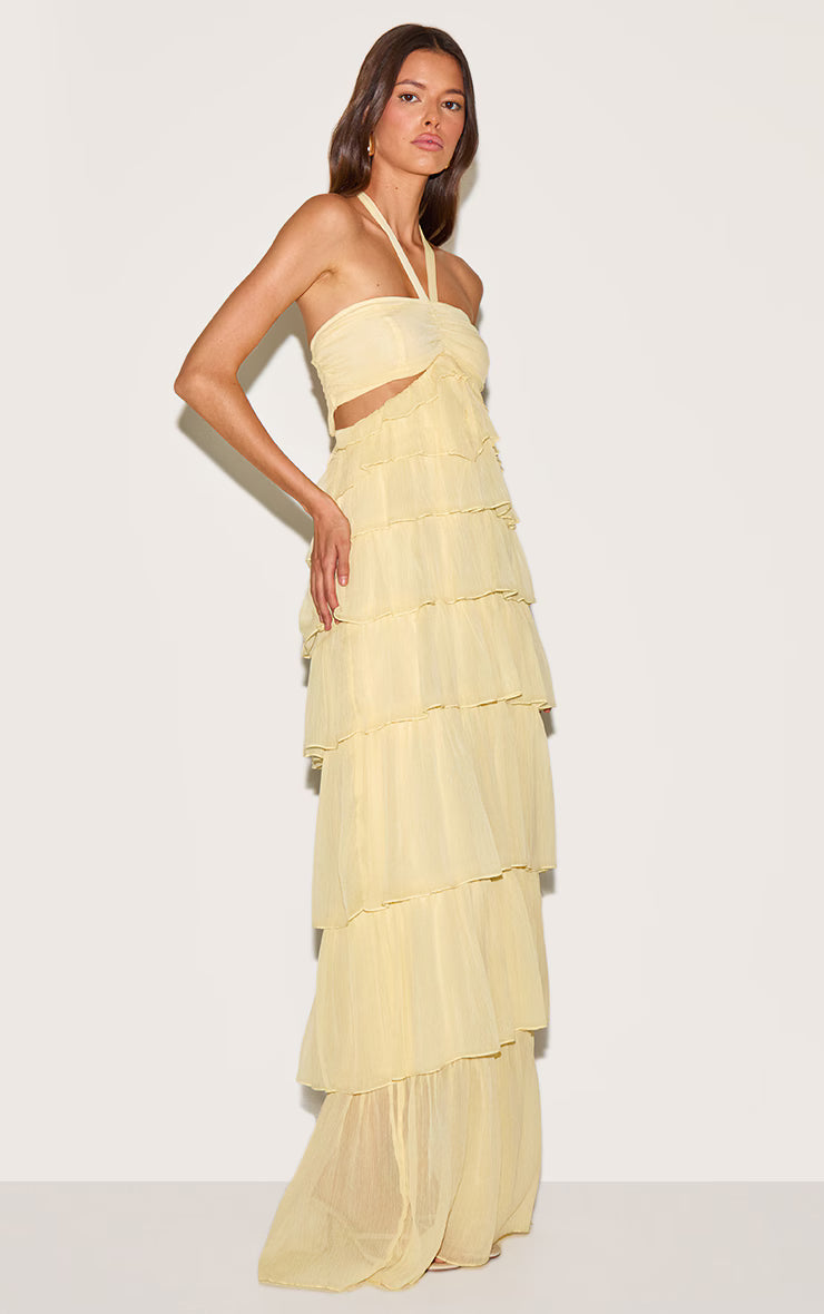 Lemon Ruched Bust Frill Tiered Maxi Dress
