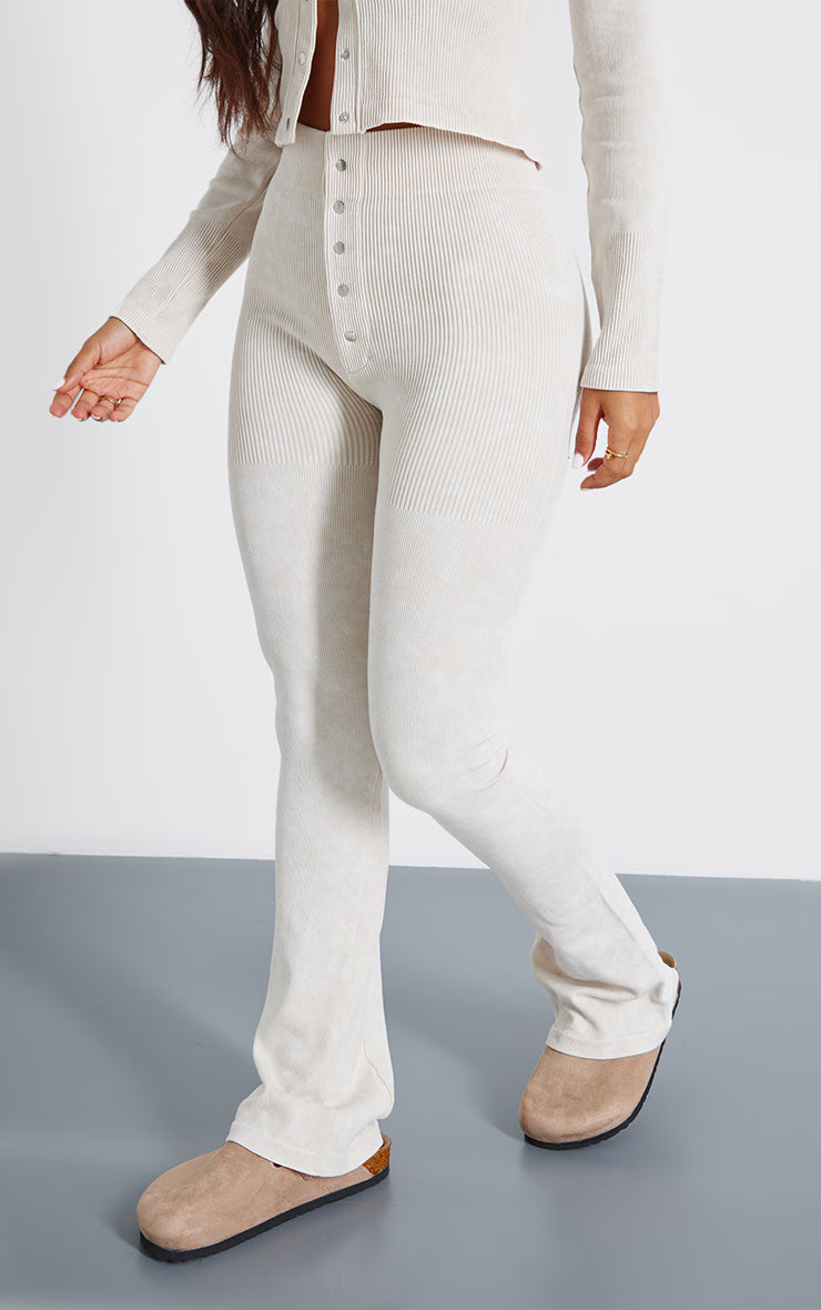 Petite Cream Faded Snatched Rib Button Detail Flare Leggings