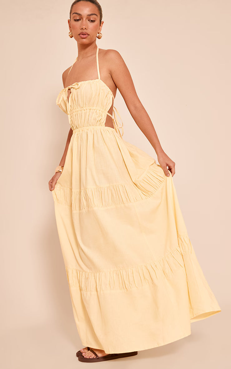 Lemon Ruched Backless Strappy Maxi Dress