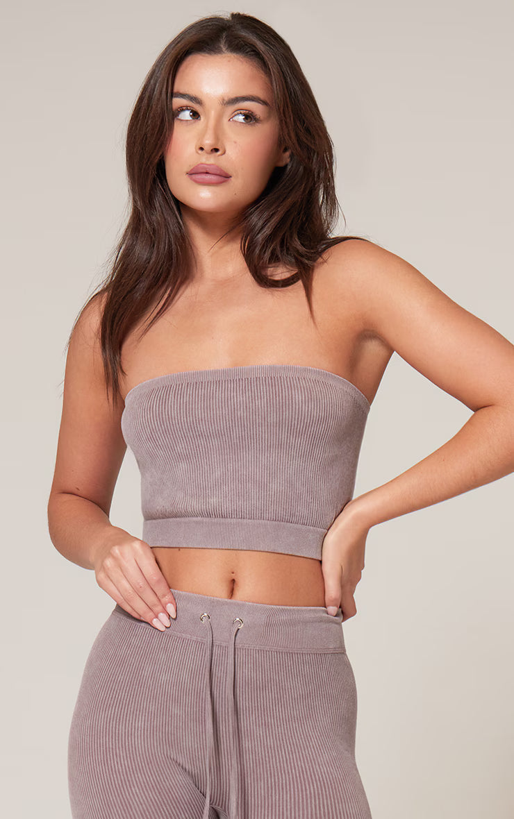 Taupe Faded Snatched Rib Bandeau Crop Top