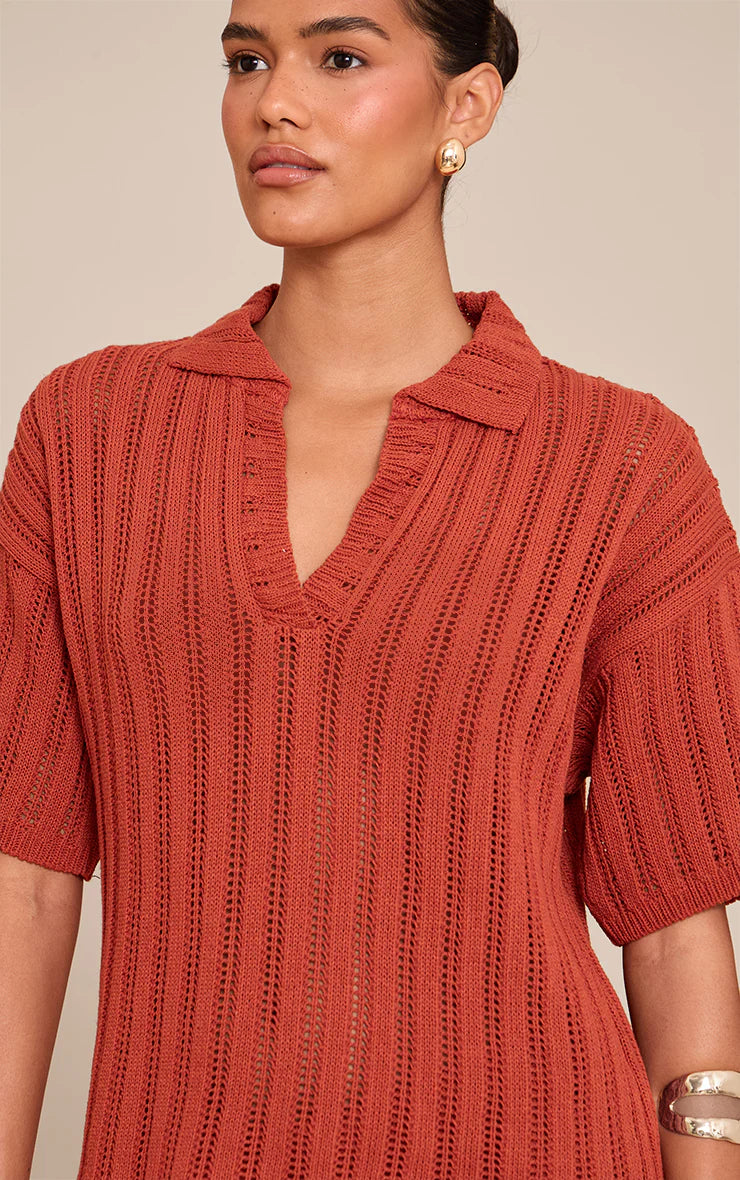 Rust Crochet Rugby Knit Top