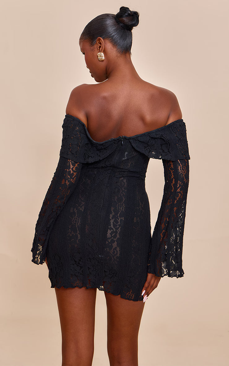 Black Lace Bardot Long Sleeve Mini Dress