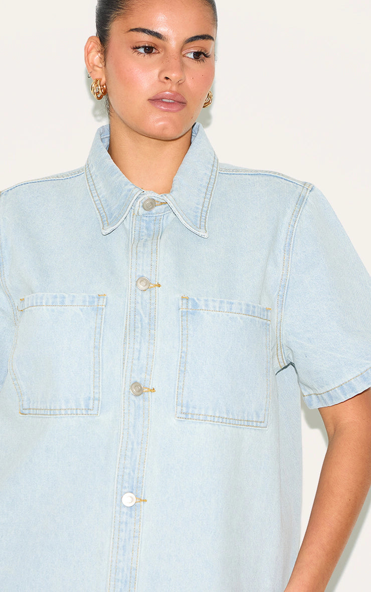 Plus Light Blue Contrast Stitch Denim Shirt Dress