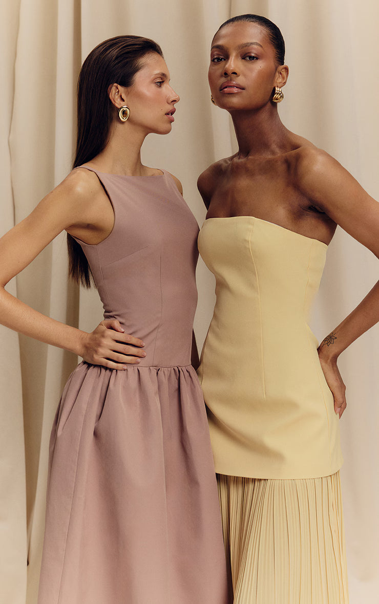 Lemon Bandeau Pleated Chiffon Skirt Panel Maxi Dress