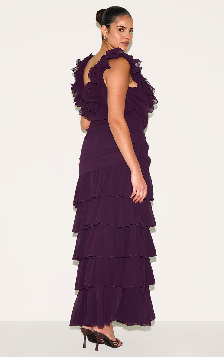 Plus Wine Chiffon Ruched Ruffle Maxi Dress