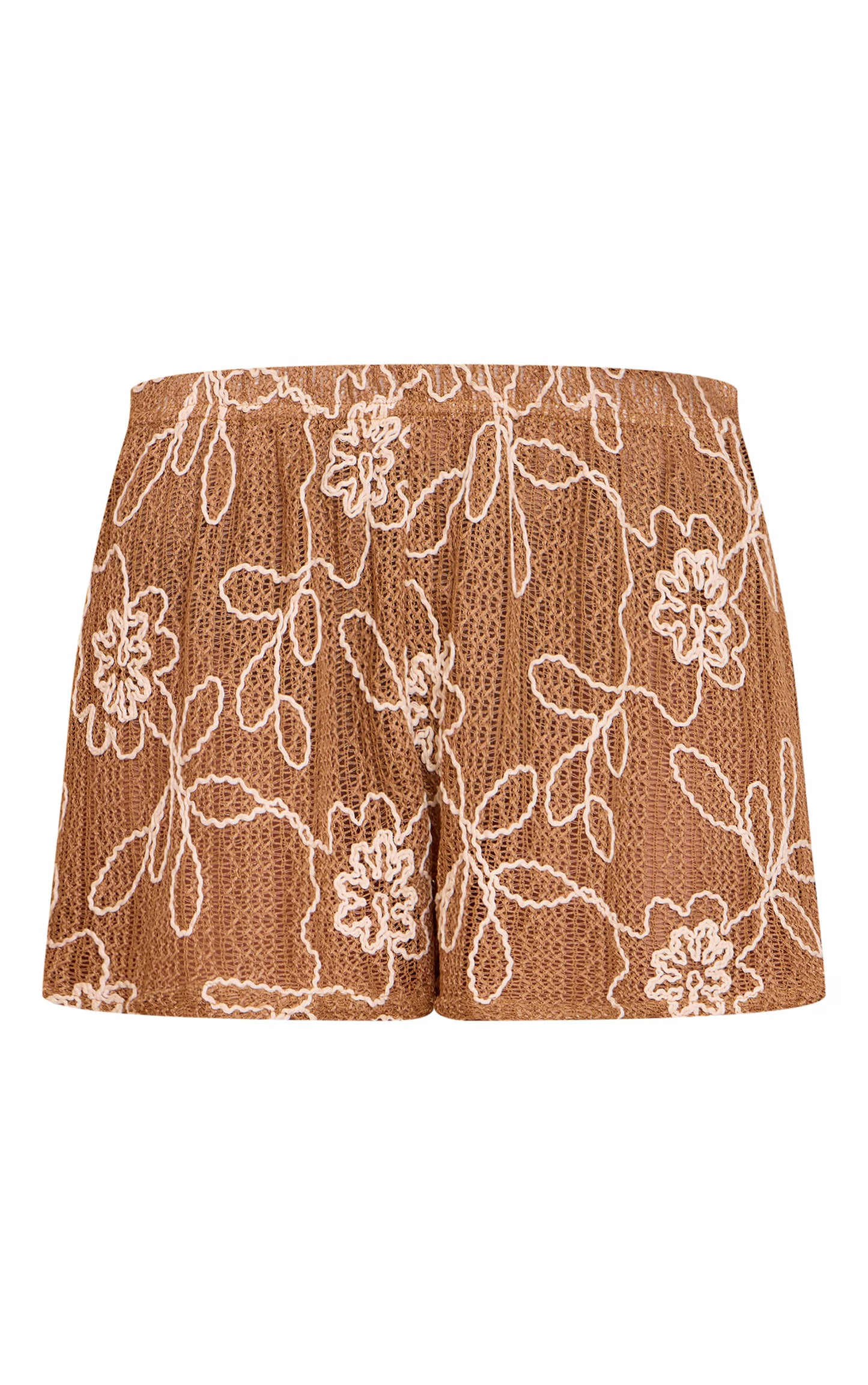 Tan Embroidered Floral Floaty Shorts